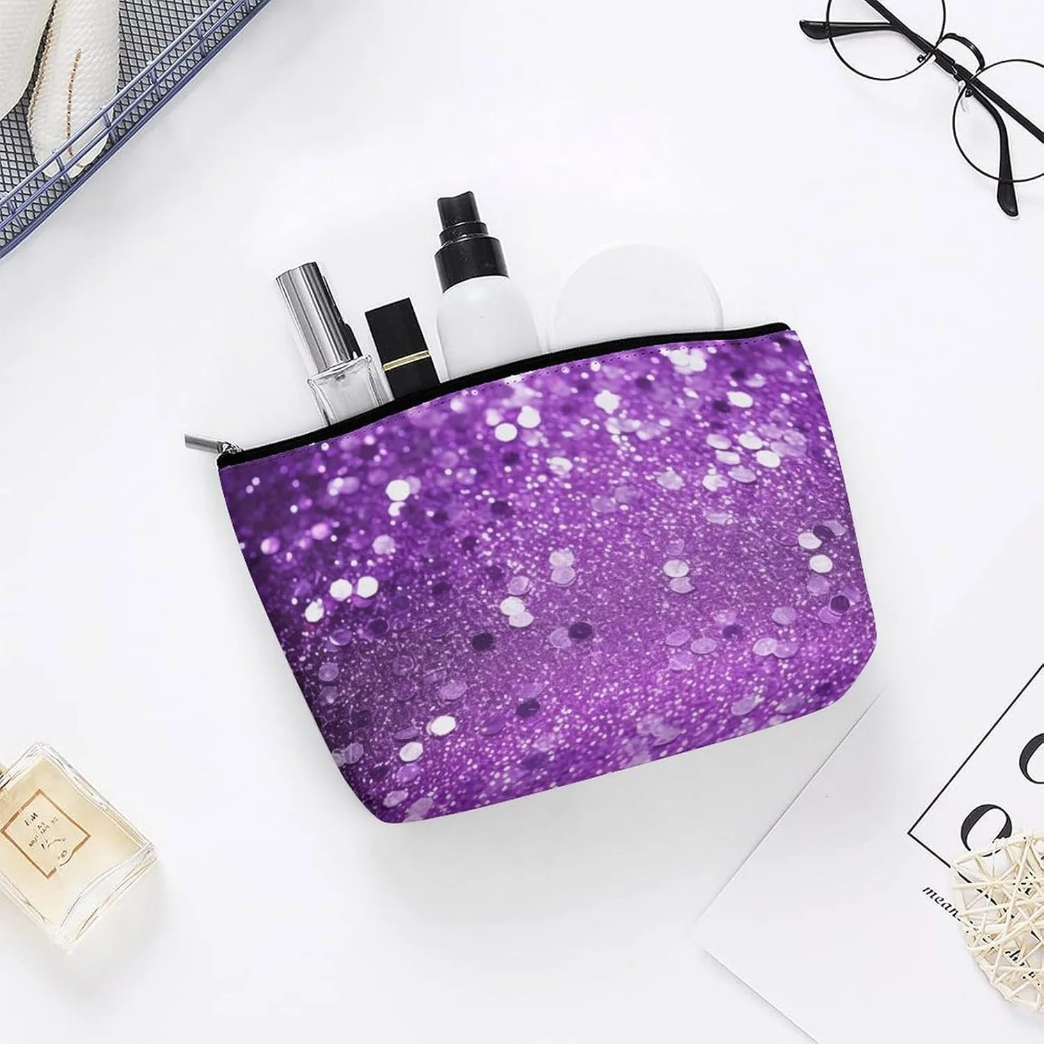 Makeup Bag Portable Cosmetic Bag Sparkling Purple Glitter Toiletry Bag Makeup Organizer Case Large Capacity Zipper Pouch Travel Toiletry Pouch for Women Men