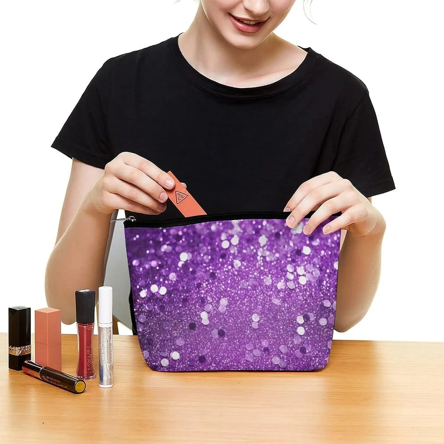 Makeup Bag Portable Cosmetic Bag Sparkling Purple Glitter Toiletry Bag Makeup Organizer Case Large Capacity Zipper Pouch Travel Toiletry Pouch for Women Men