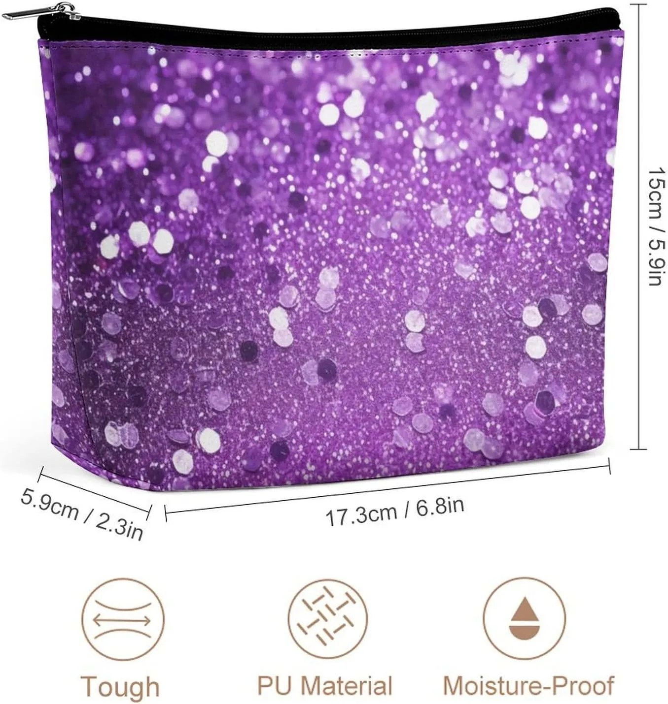Makeup Bag Portable Cosmetic Bag Sparkling Purple Glitter Toiletry Bag Makeup Organizer Case Large Capacity Zipper Pouch Travel Toiletry Pouch for Women Men
