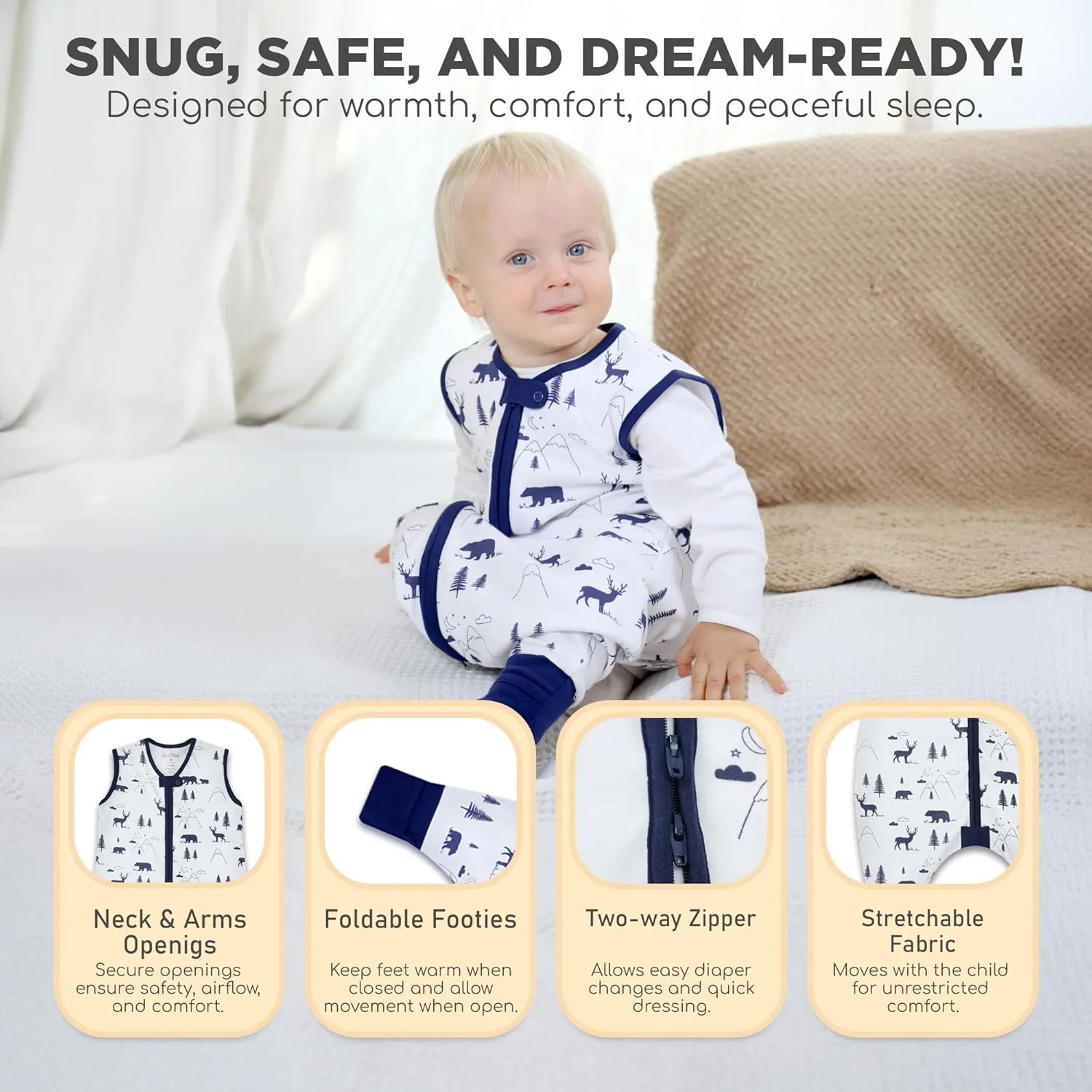 Mama Cheetah Toddler Sleep Sack with Feet, 0.5 TOG Organic Cotton Baby Sleeping Bag with Legs, Baby Wearable Blankets for Walkers w/ 2-Way Zipper, Baby Sleep Sack for Girls & Boys, Early Walker 3-4 T