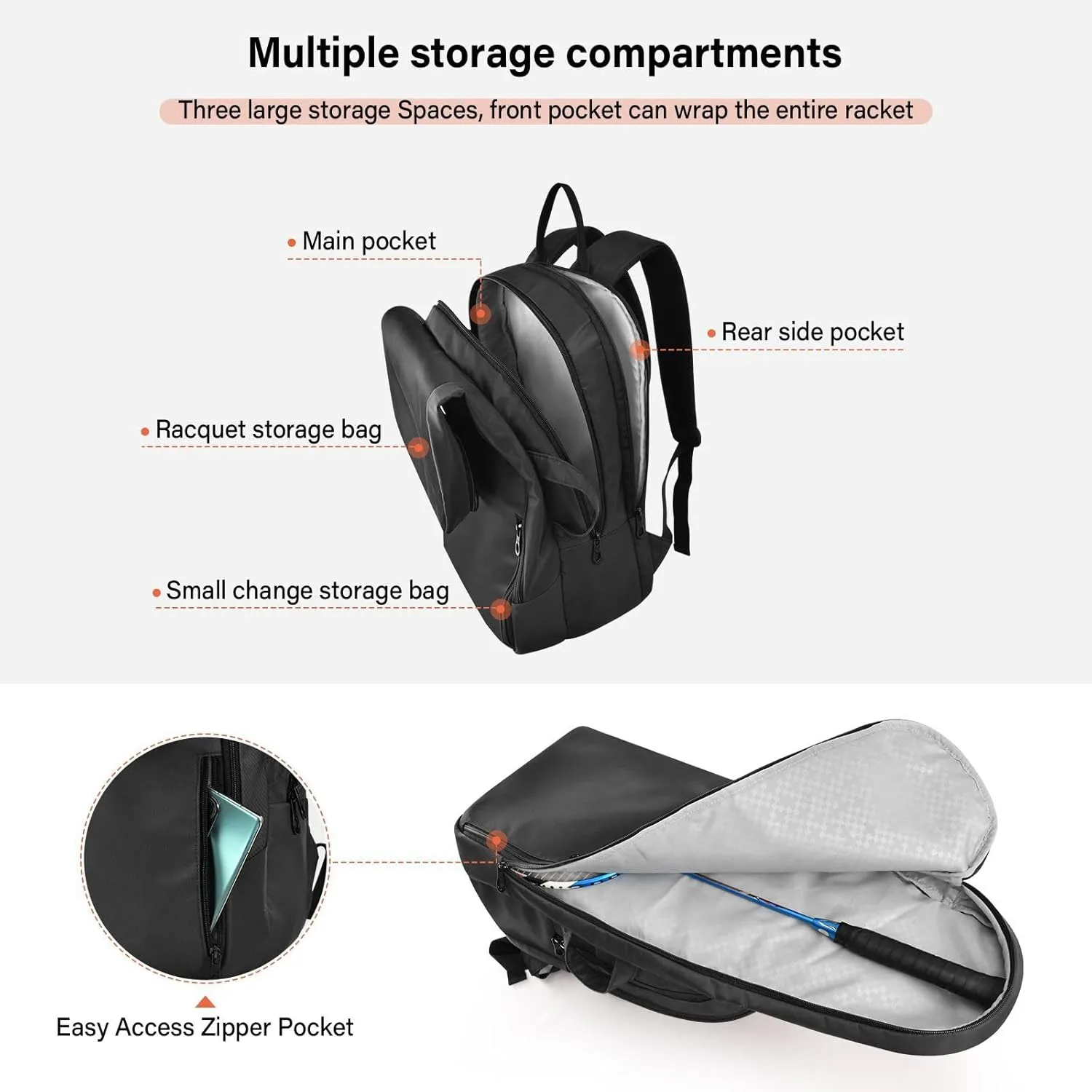 MCHIVER Tennis Bags for Men Women Tennis Backpack Hold 2 Rackets Pickleball Padel Bags 11.81 * 7.87 * 17.11in