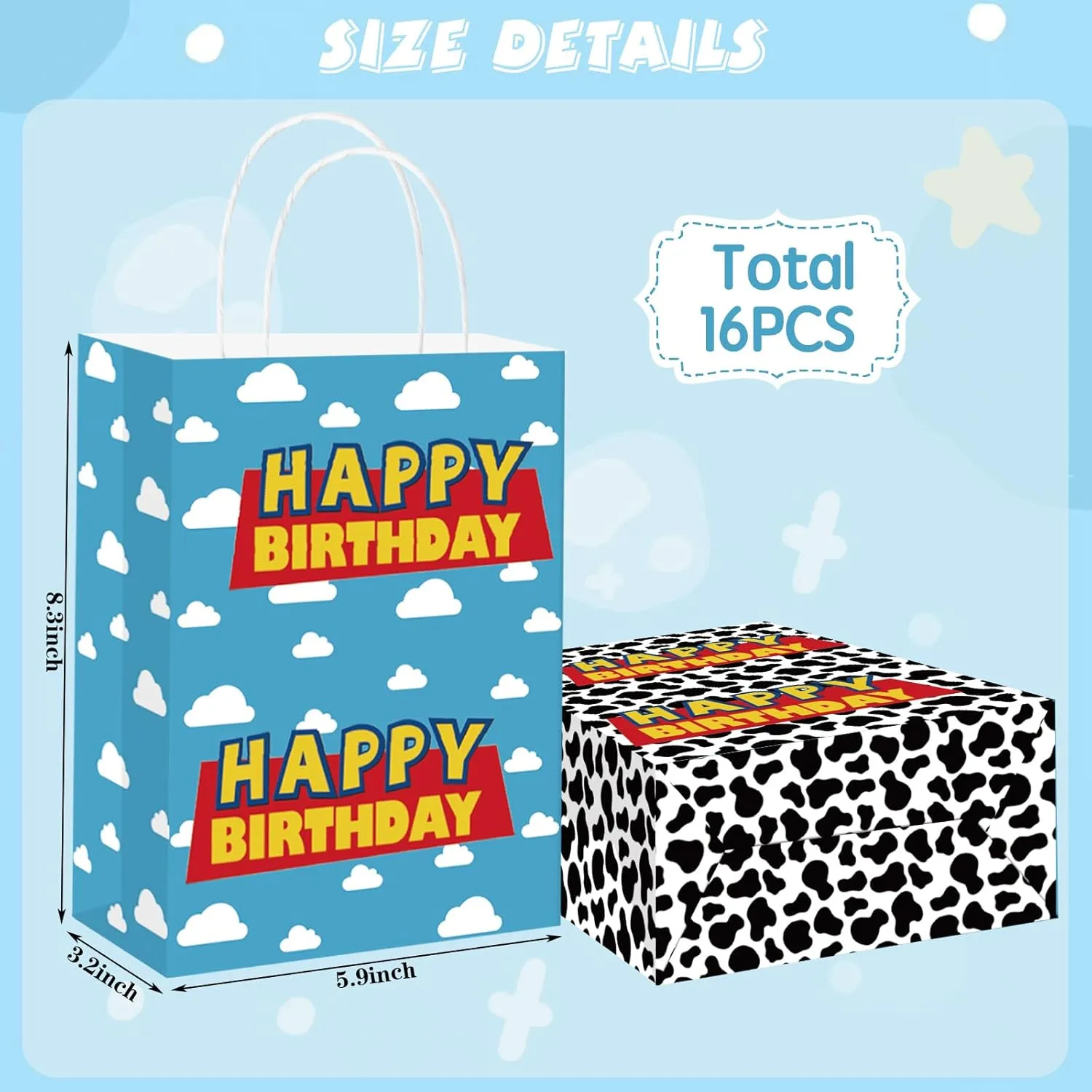 MennHeii Cartoon Story Happy Birthday Party Favor Bags, 16Pcs Blue Sky White Clouds Cow Print Gift Bags with Handles, Kraft Treat Candy Goodie Bags for Birthday Decorations Baby Shower Supplies