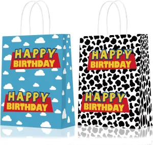 MennHeii Cartoon Story Happy Birthday Party Favor Bags, 16Pcs Blue Sky White Clouds Cow Print Gift Bags with Handles, Kraft Treat Candy Goodie Bags for Birthday Decorations Baby Shower Supplies