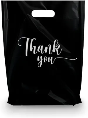 Merchandise Bags, Die Cut Handles, Strong, Durable, and Tear Resistant Bags Perfect for Retail, Boutiques, or Any Events, Different sizes and colors (Black Thank You, 15x18 Inch (Pack of 100))