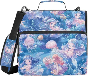 Mermaids Princess Sea Animals Blue Zipper Binder with Shoulder Strap Trapper Keeper 3 Ring Binder Organizer Large Capacity Multiple Compartments for School Office