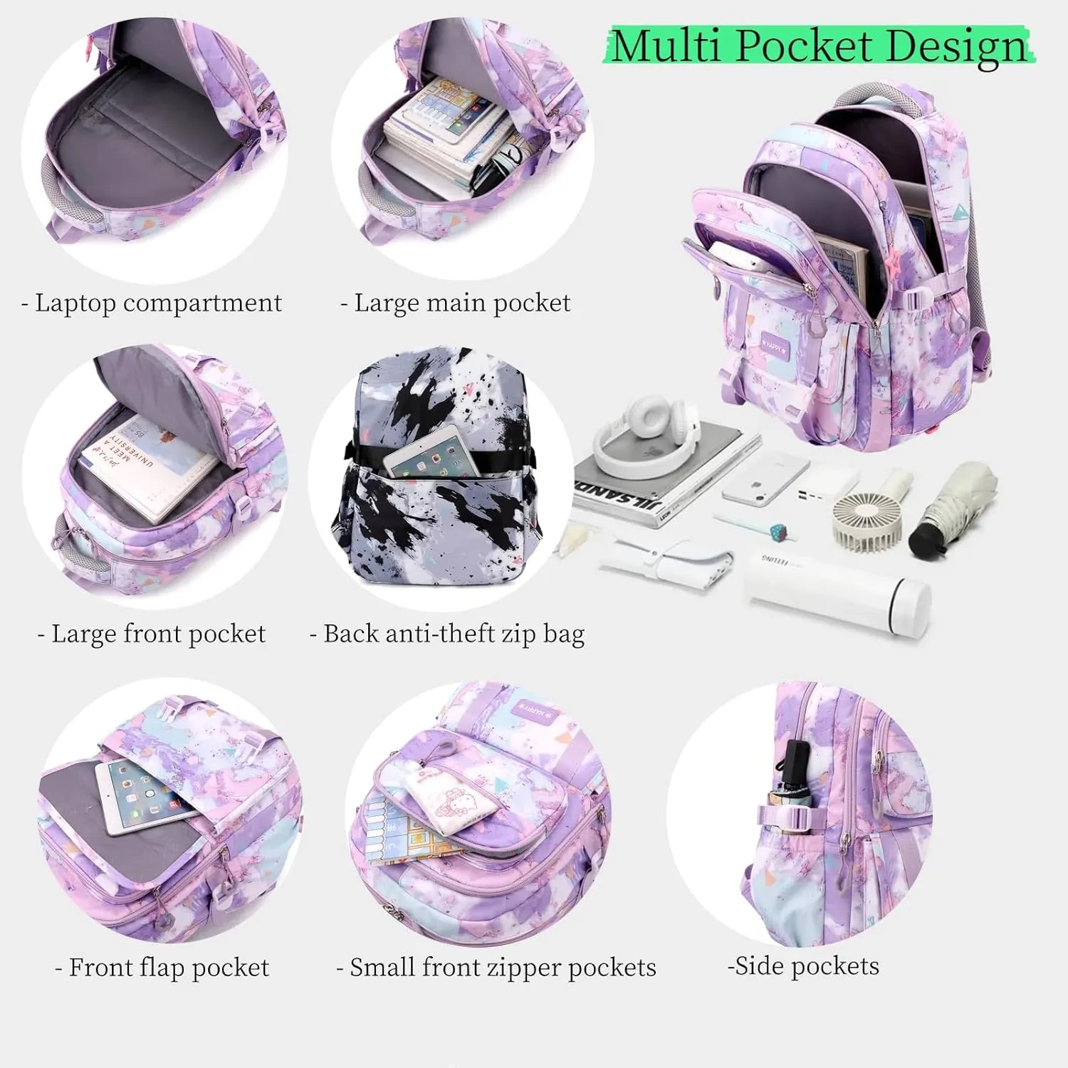 MITOWERMI Purple Backpack for Girls Kids Backpacks with Lunch Box Elementary Middle High School Backpacks Students Bookbag Set School Bags for Teens Girls (Purple)
