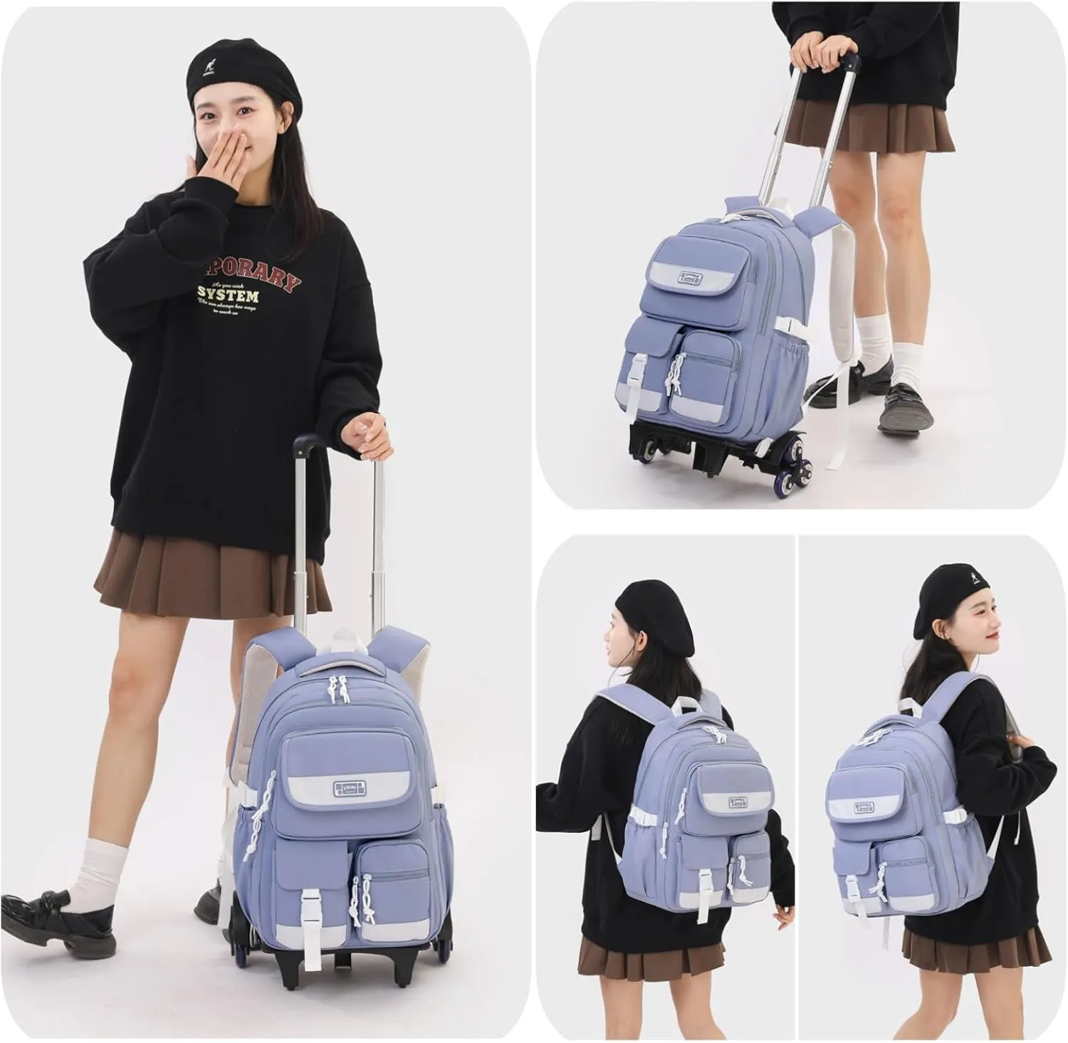 MITOWERMI Rolling Backpack for Girls, Backpack with Wheels for Boys, Kids Roller Trolley Bags Wheeled School Bookbag Blue-6 wheels
