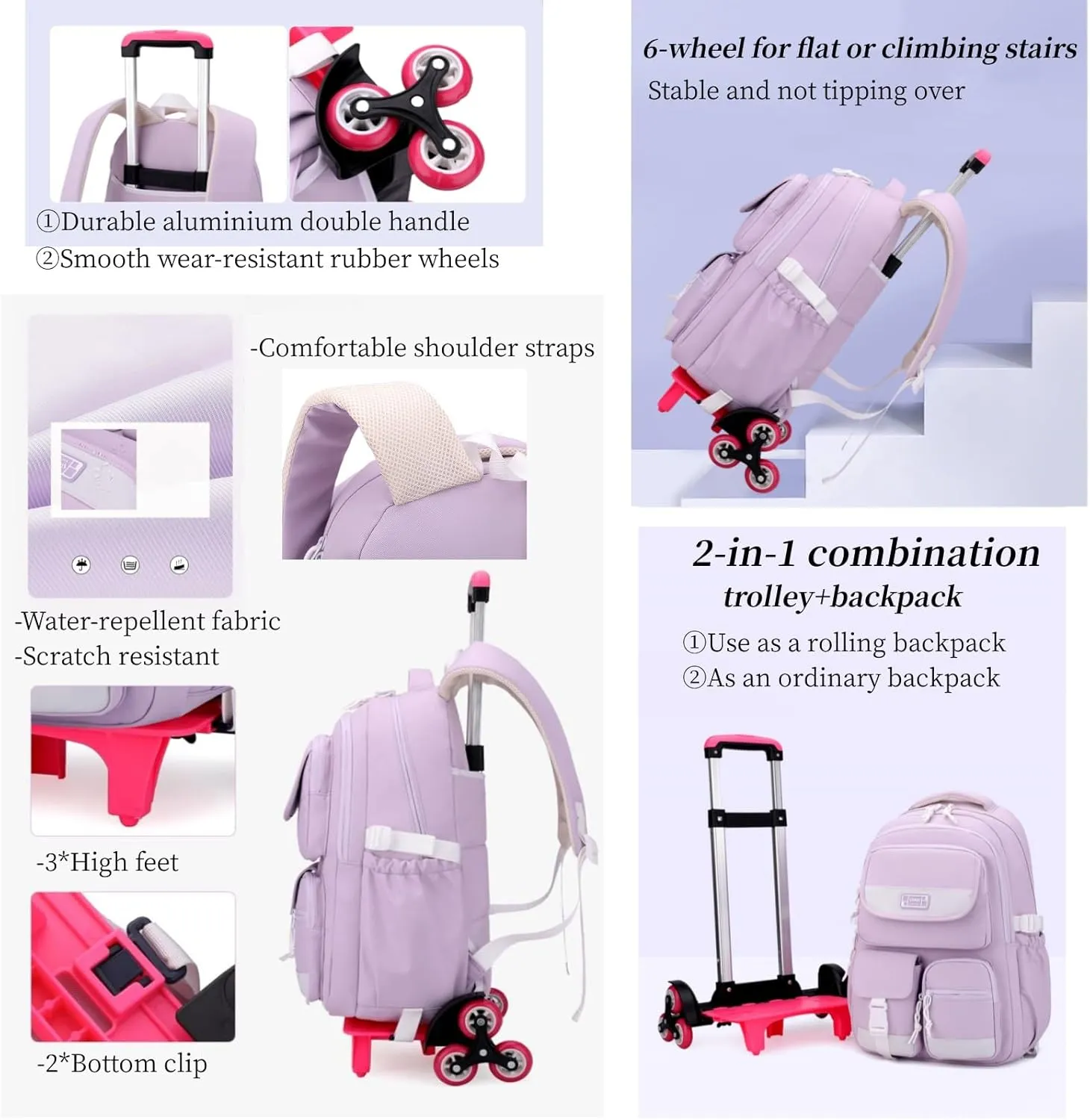 MITOWERMI Rolling Backpack for Girls, Backpack with Wheels for Boys, Kids Roller Trolley Bags Wheeled School Bookbag Blue-6 wheels