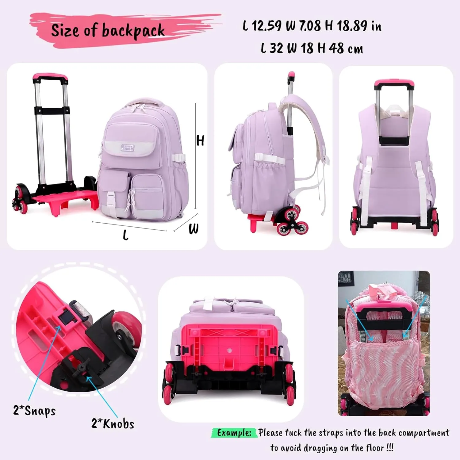 MITOWERMI Rolling Backpack for Girls, Backpack with Wheels for Boys, Kids Roller Trolley Bags Wheeled School Bookbag Blue-6 wheels