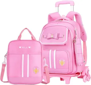 MITOWERMI Rolling Backpack for Girls Cute Trolley Bags Primary School Bookbags with Wheels Kids Carry-On Wheeled Backpack with Lunch Bag