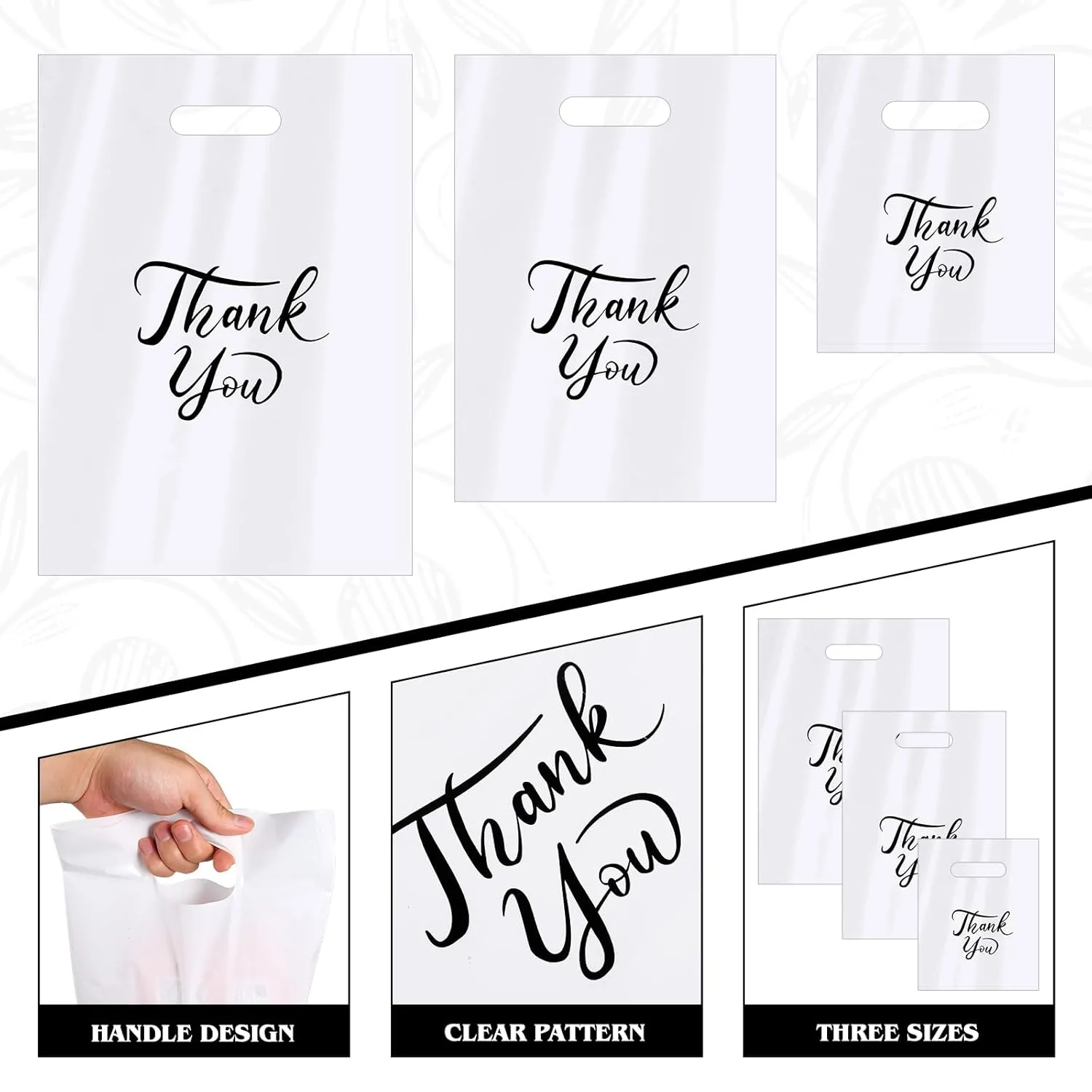 MJOGGOTT 300 Pcs Thank You Merchandise Bags, 3 Size Shopping Bags for Business Small with Handles, Plastic Gift Bag, Bulk Product Bag for Wedding Party Stores Packaging Wholesale Goodie