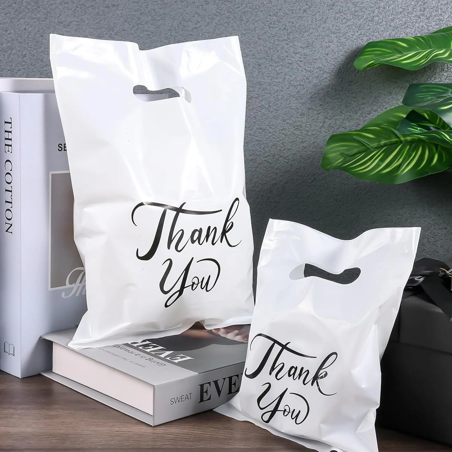 MJOGGOTT 300 Pcs Thank You Merchandise Bags, 3 Size Shopping Bags for Business Small with Handles, Plastic Gift Bag, Bulk Product Bag for Wedding Party Stores Packaging Wholesale Goodie
