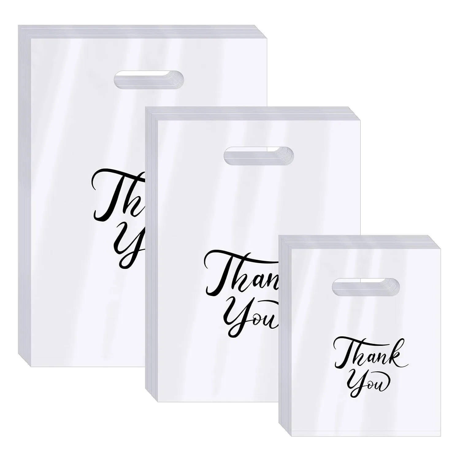 MJOGGOTT 300 Pcs Thank You Merchandise Bags, 3 Size Shopping Bags for Business Small with Handles, Plastic Gift Bag, Bulk Product Bag for Wedding Party Stores Packaging Wholesale Goodie