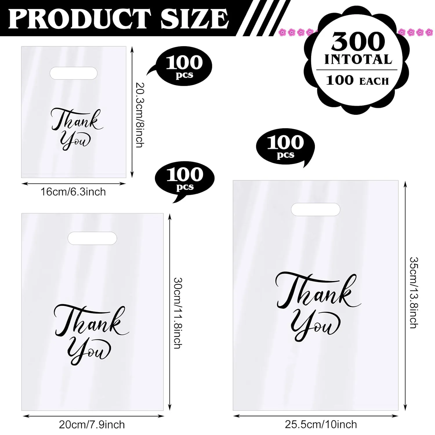 MJOGGOTT 300 Pcs Thank You Merchandise Bags, 3 Size Shopping Bags for Business Small with Handles, Plastic Gift Bag, Bulk Product Bag for Wedding Party Stores Packaging Wholesale Goodie