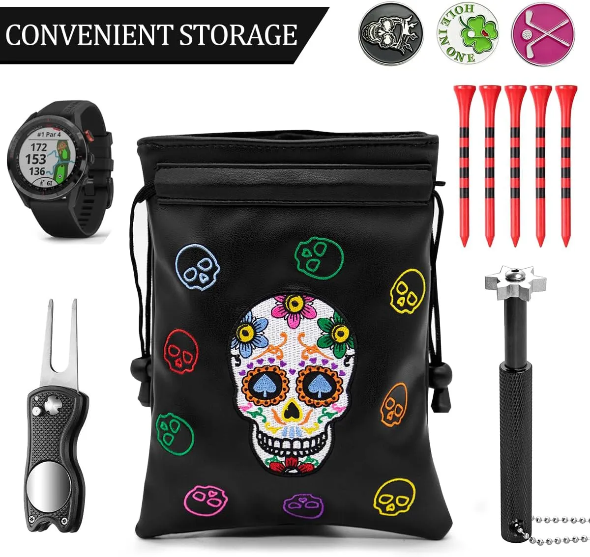 Montela Golf Valuables Pouch - Leather Tee & Ball Bag with Drawstrings