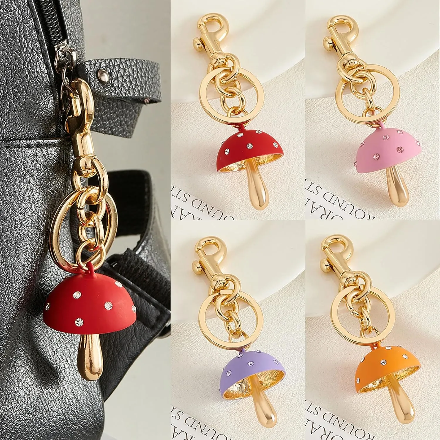 Mushroom Bag Charm Keychain with Smaller Crystals Cute Purse Accessory for Women