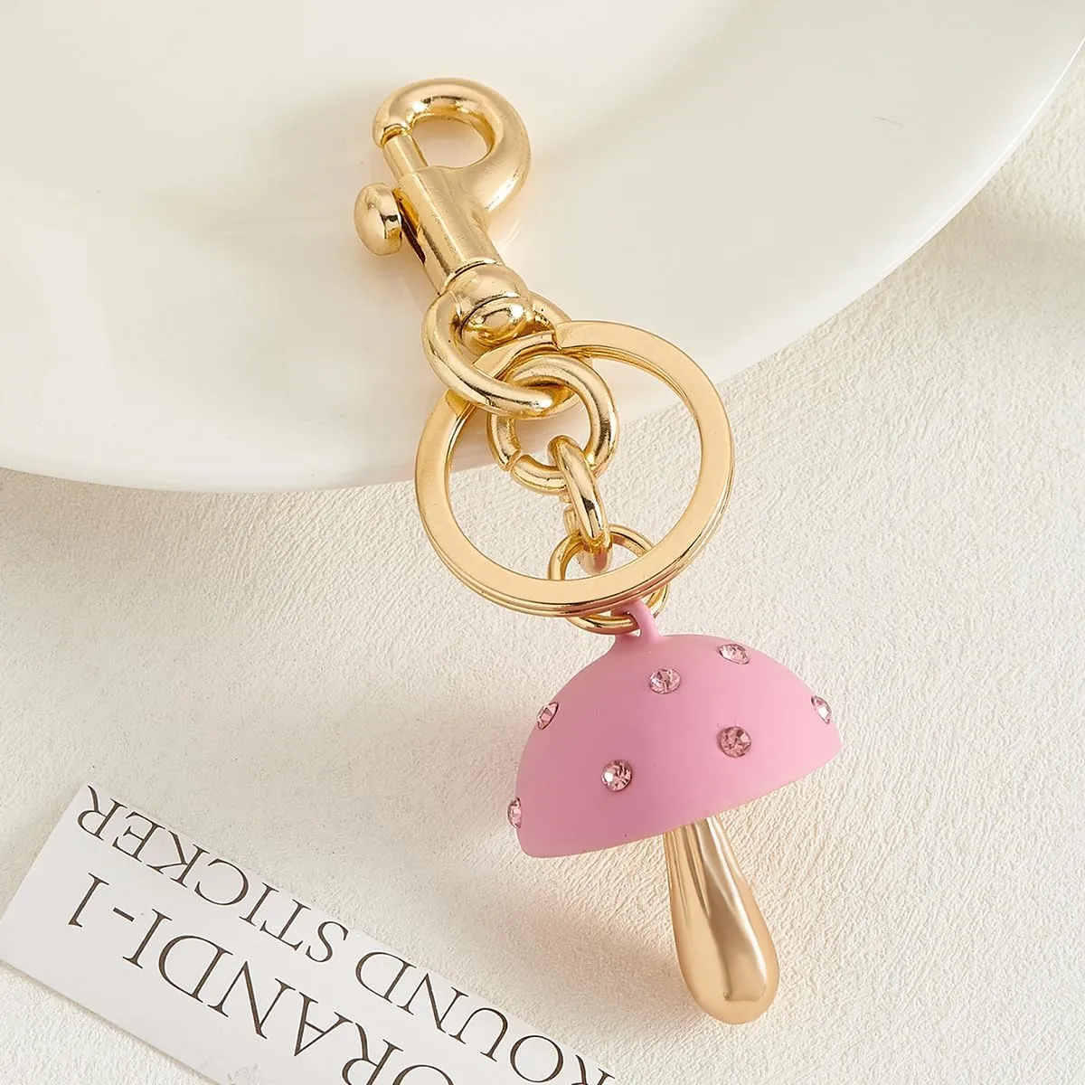 Mushroom Bag Charm Keychain with Smaller Crystals Cute Purse Accessory for Women