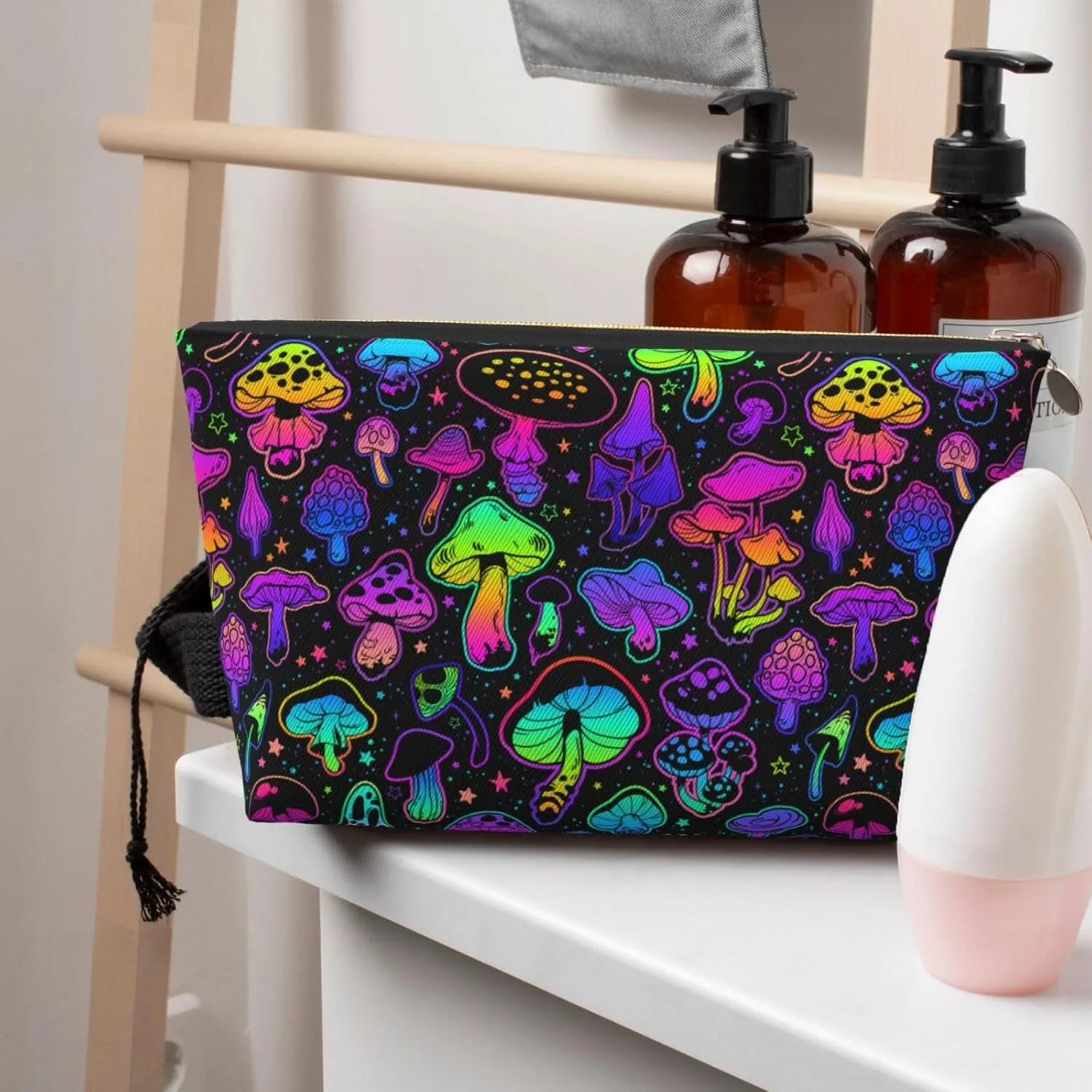 Mushrooms Small Makeup Bag for Women - Leather Travel Cosmetic Bag Make Up Pouch Mini Travel Zipper Pouch - Makeup Organizer Bag