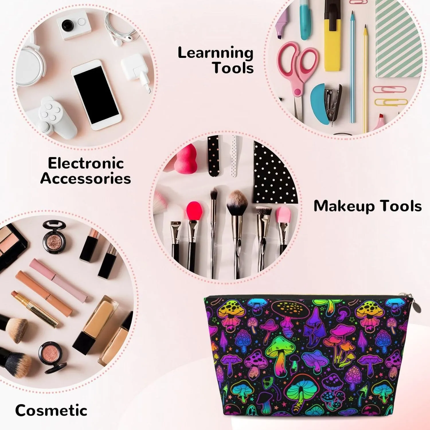 Mushrooms Small Makeup Bag for Women - Leather Travel Cosmetic Bag Make Up Pouch Mini Travel Zipper Pouch - Makeup Organizer Bag