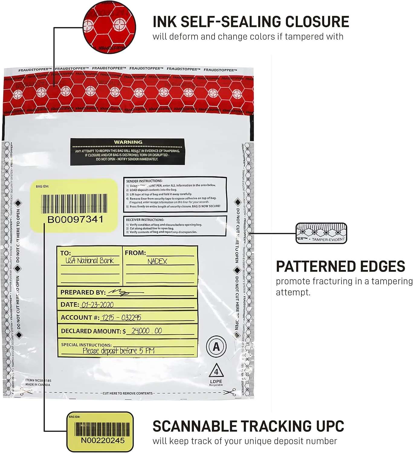 Nadex Tamper Evident Cash and Coin Bank Deposit Bags for Fraud Prevention, 12 x 16, Opaque, 100 Pack