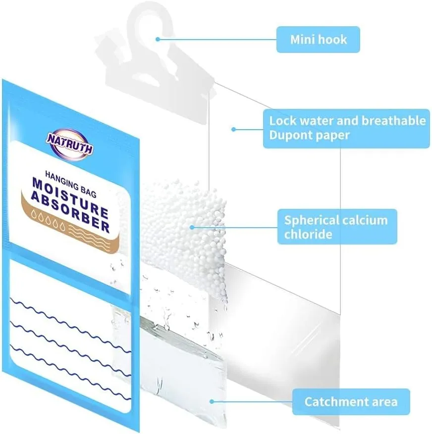 NATRUTH Moisture Absorber Bag, 12 Packs Fragrance Free Desiccant Hanging Bag，Odor Absorber，Eliminates Odors Creates Fresher Cleaner air，Efficient Humidity Absorber for Closet、Bathroom、Humidity Packs