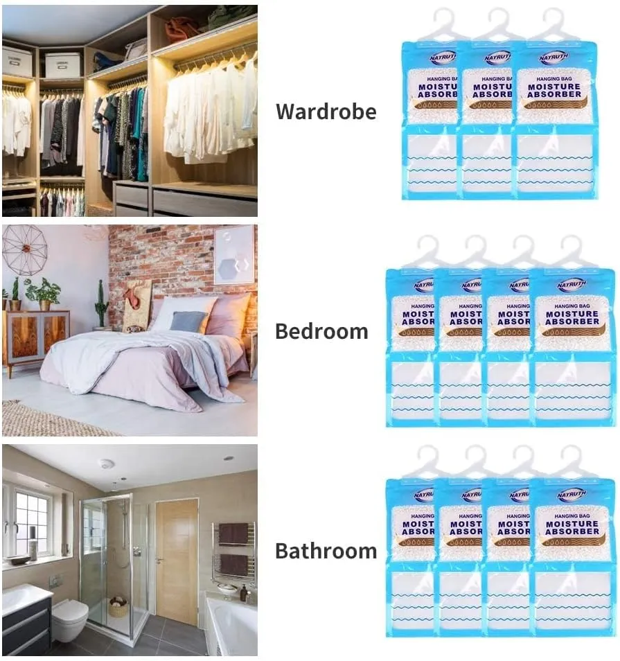 NATRUTH Moisture Absorber Bag, 12 Packs Fragrance Free Desiccant Hanging Bag，Odor Absorber，Eliminates Odors Creates Fresher Cleaner air，Efficient Humidity Absorber for Closet、Bathroom、Humidity Packs