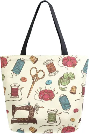 Needle Scissor and Thread Sewing Tool Canvas Tote Bag for Women with Zipper Pocket Reusable Grocery Shopping Bags Large Travel Shoulder Bag Handbag Bags