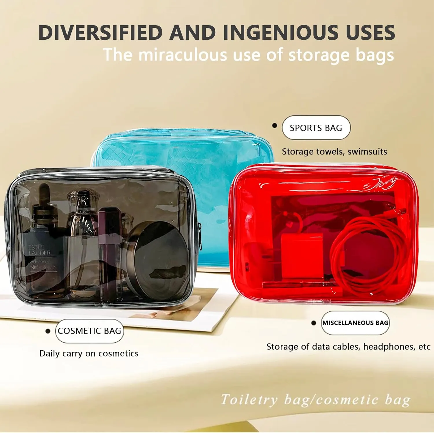 Neon Clear Pouch Small Makeup Bag, 7"x2.3"x4.7" Size TSA Approved Toiletry Bag, PVC Travel Bags for Toiletries, Clear Cosmetic Bag for Women and Men Small (black clear red blue dark red)