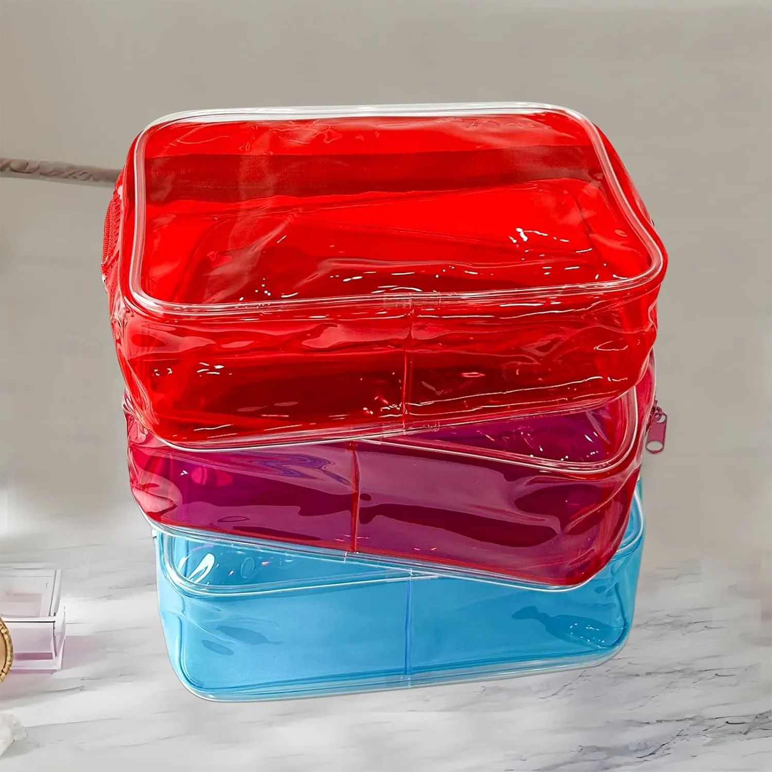 Neon Clear Pouch Small Makeup Bag, 7"x2.3"x4.7" Size TSA Approved Toiletry Bag, PVC Travel Bags for Toiletries, Clear Cosmetic Bag for Women and Men Small (black clear red blue dark red)