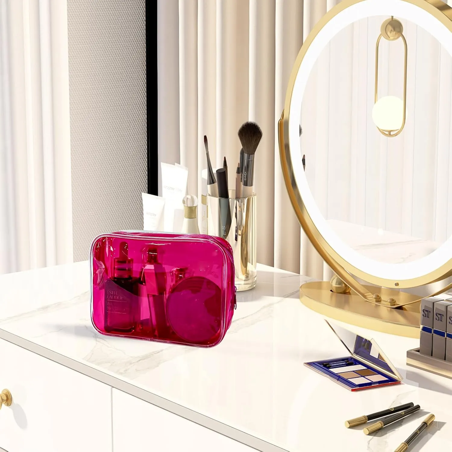 Neon Clear Pouch Small Makeup Bag, 7"x2.3"x4.7" Size TSA Approved Toiletry Bag, PVC Travel Bags for Toiletries, Clear Cosmetic Bag for Women and Men Small (black clear red blue dark red)