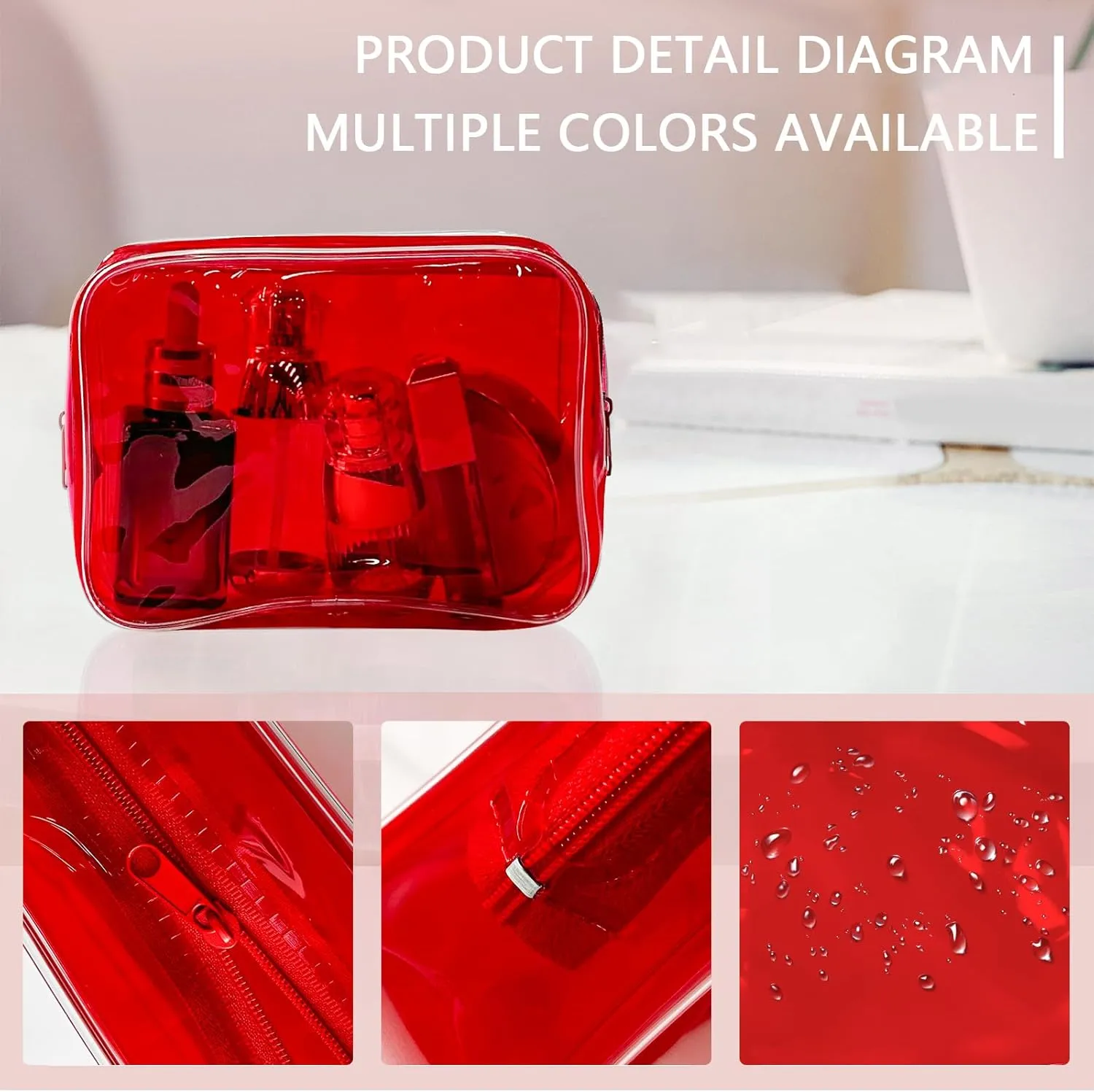 Neon Clear Pouch Small Makeup Bag, 7"x2.3"x4.7" Size TSA Approved Toiletry Bag, PVC Travel Bags for Toiletries, Clear Cosmetic Bag for Women and Men Small (black clear red blue dark red)