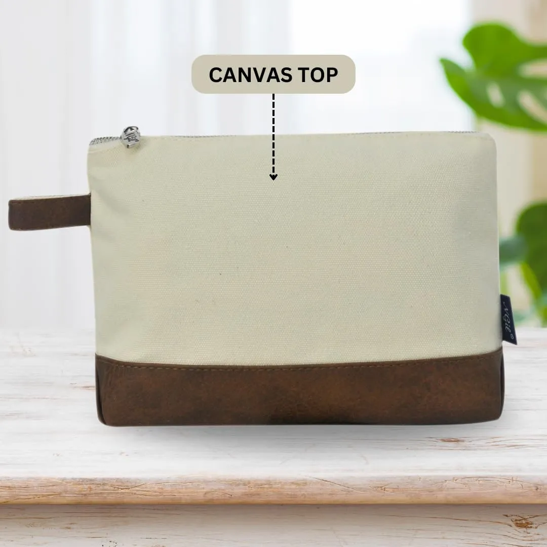 NGIL Jute/Canvas Large Travel DYI Cosmetic Bag Pouch for Women Multipurpose Travel Toiletry Pouch, Personalized Makeup Bag, Best Friend Gift, Bridesmaid Gift Ideas (Brown Faux Leather)