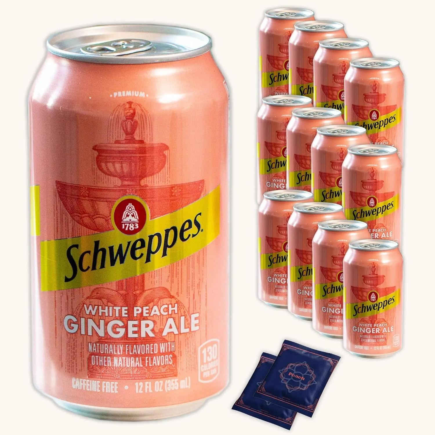 Noble Crunch White Peach Ginger Ale (12, 12oz Cans) - Refreshing Flavors - Organic Yerba Mate Tea Bags (2 Bags) - 14 Items Total