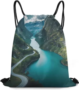Norwegian Fjords Print Drawstring Backpack Durable String Bag Sports Sackpack Cinch Bags for Gym Travel