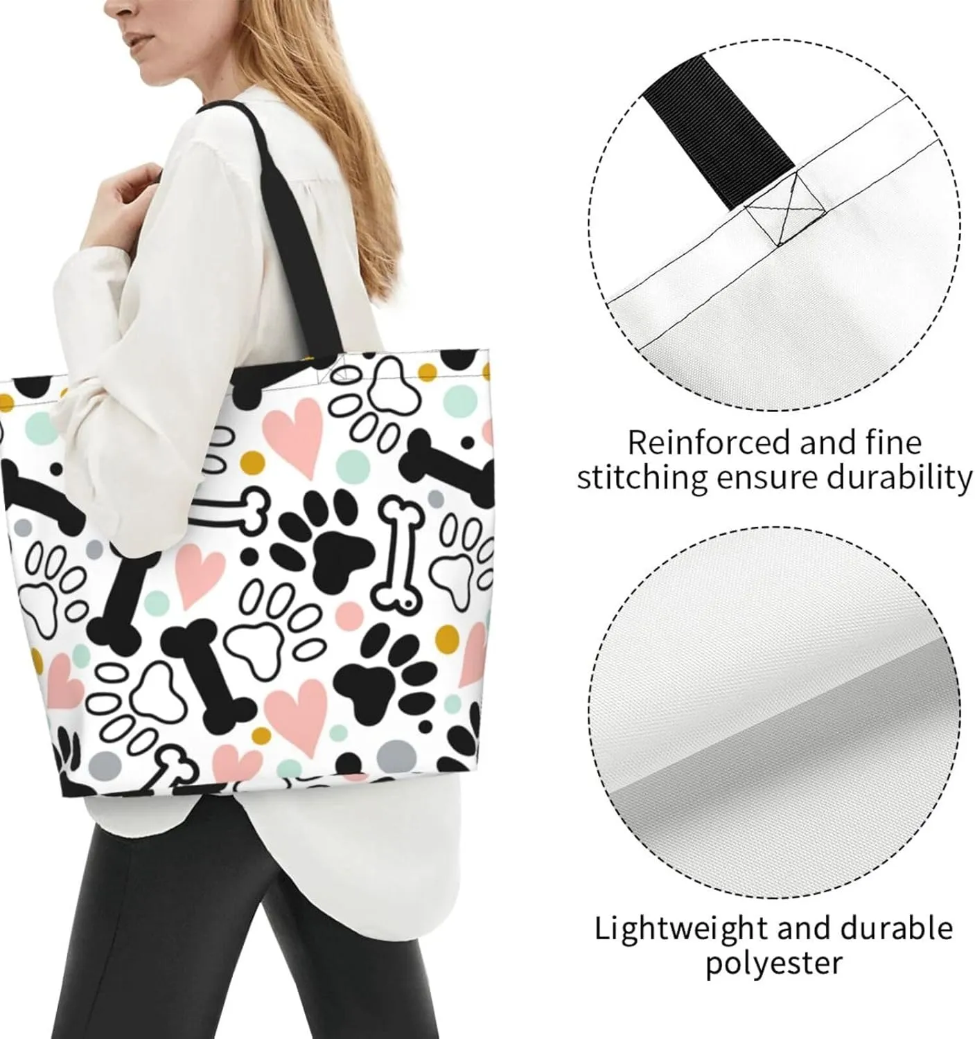 Novelty Dog Pug Large Tote Bag Casual Shoulder Bags Reusable Grocery Handbag For Women Travel Shopping