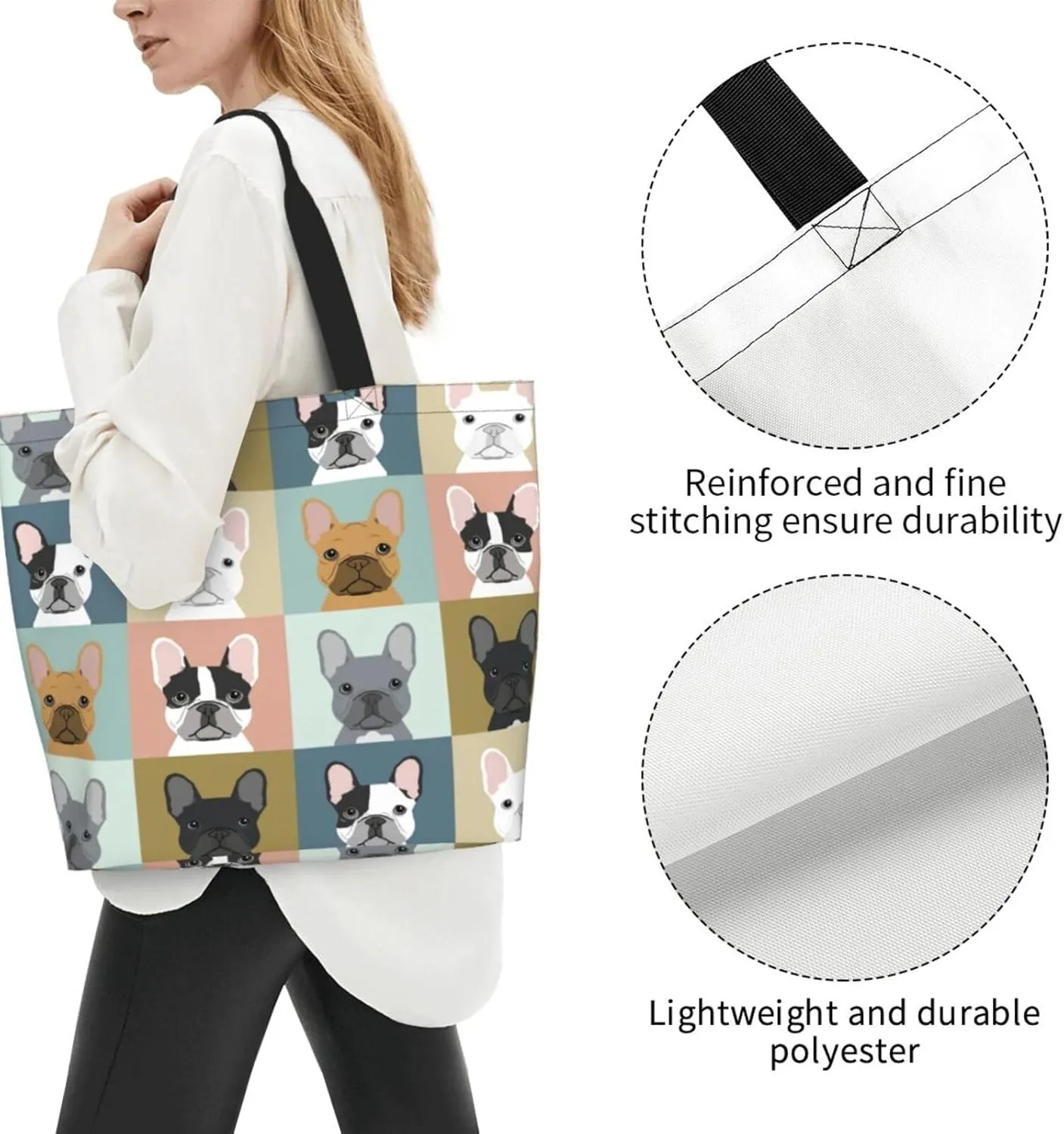 Novelty Dog Pug Large Tote Bag Casual Shoulder Bags Reusable Grocery Handbag For Women Travel Shopping