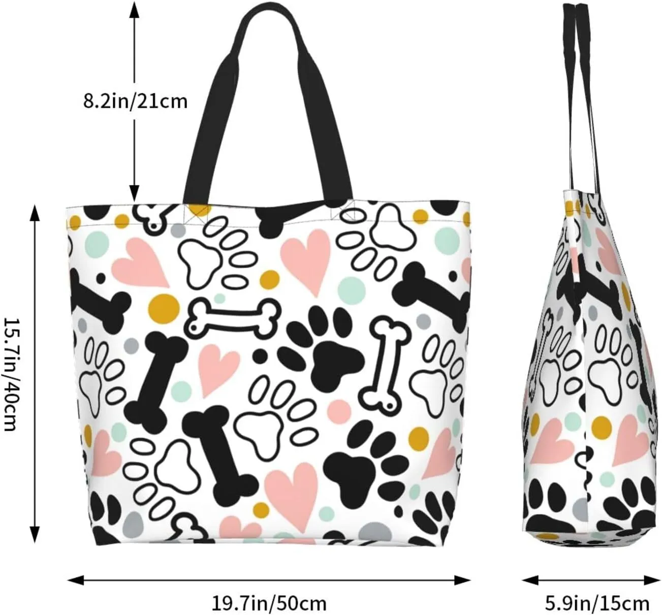 Novelty Dog Pug Large Tote Bag Casual Shoulder Bags Reusable Grocery Handbag For Women Travel Shopping