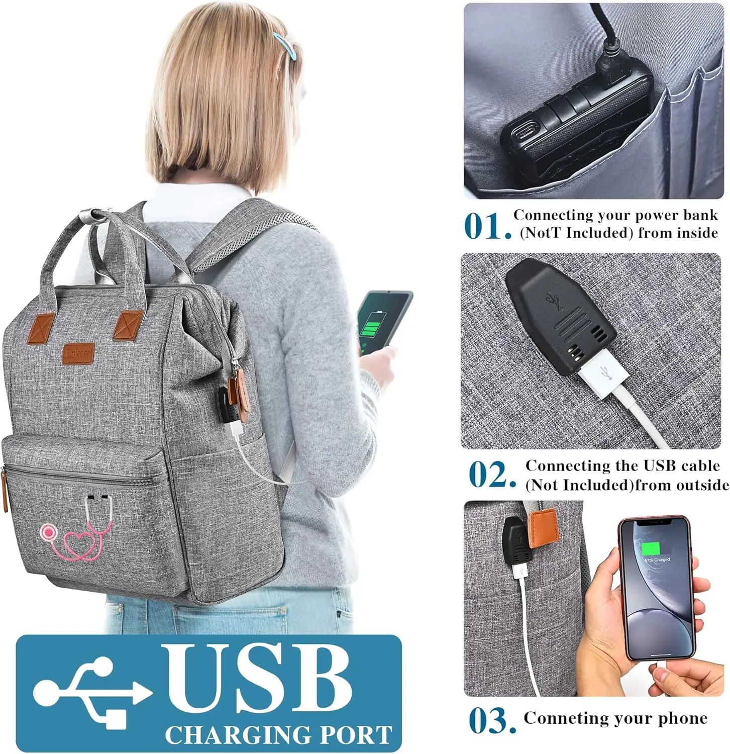 Nurse Gifts for Women, Nurse Backpack/15.6 Inch Laptop Backpack/Nursing Bag for Work/Home Health Medical Clinical Bag, Large Grey Modern Waterproof Clinical Backpack with USB Charging Port (Style 6)