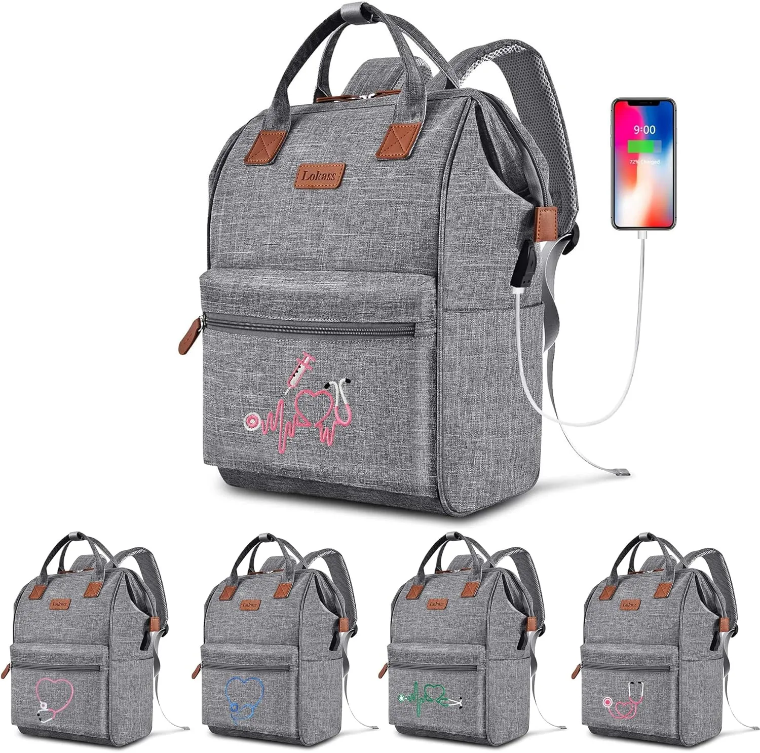 Nurse Gifts for Women, Nurse Backpack/15.6 Inch Laptop Backpack/Nursing Bag for Work/Home Health Medical Clinical Bag, Large Grey Modern Waterproof Clinical Backpack with USB Charging Port (Style 6)