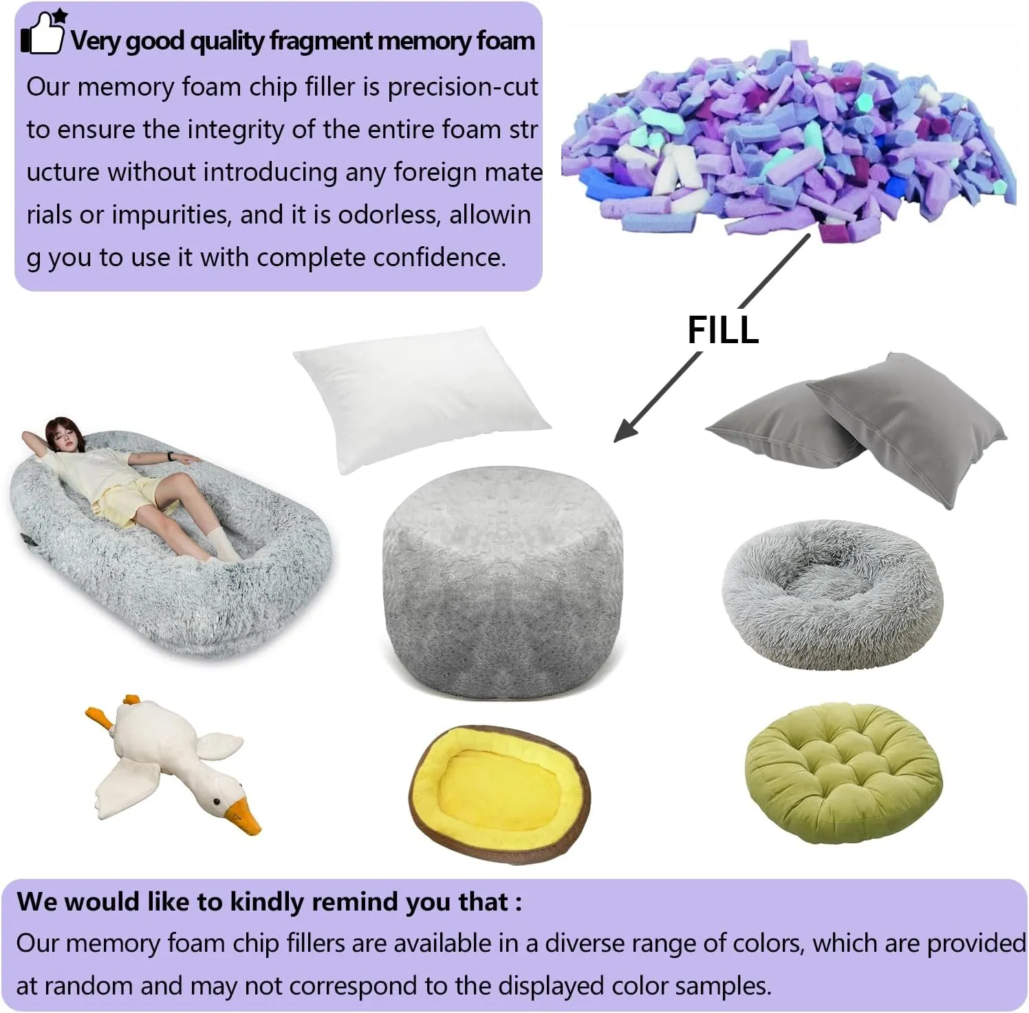 Nvlirun 5lbs Shredded Memory Foam Filling, Comfortable & Soft Bean Bag Stuffing, Random Colors Beanbag Filler for Various Pillows, Dog Bed, Back Cushion,Couch Cushion (5, Pounds)
