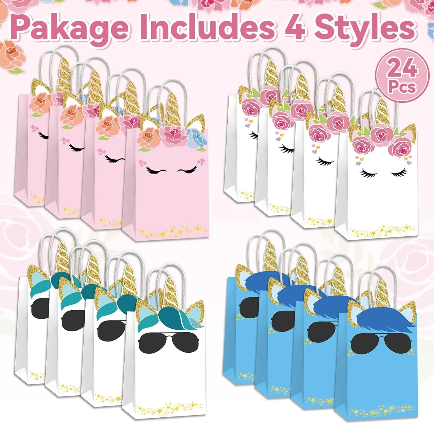ojustbeok 24PCS Unicorn Party Favor Bags Rainbow Unicorn Birthday Party Disposable Treat Bags with Handles Gift Bag for Girls and Boys Birthday Baby Shower Decorations Supplies