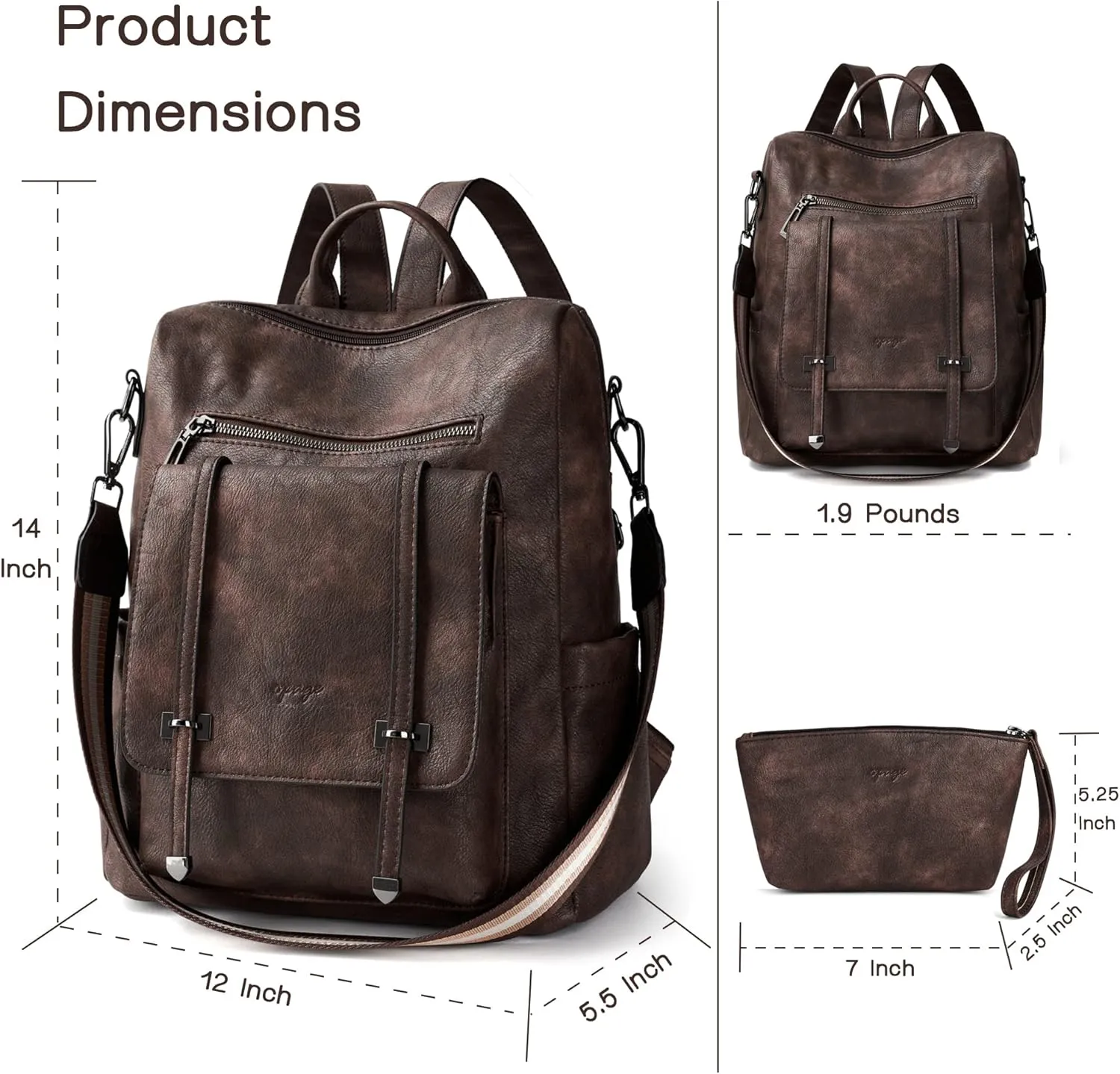OPAGE Backpack Purse for Women Leather Backpack Purse Travel Backpack Fashion Designer Ladies Shoulder Bags With Wristlets, 14-in Height