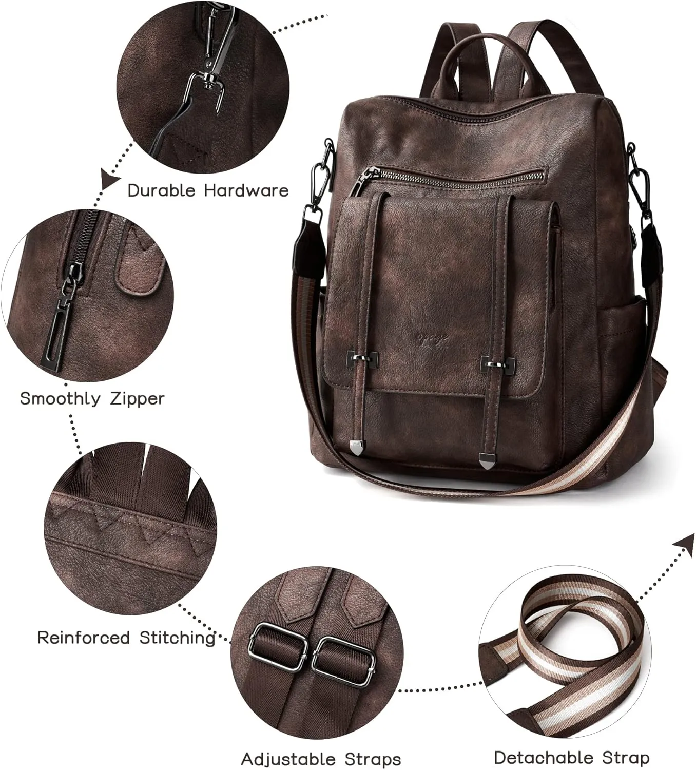 OPAGE Backpack Purse for Women Leather Backpack Purse Travel Backpack Fashion Designer Ladies Shoulder Bags With Wristlets, 14-in Height