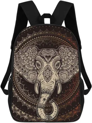 Oriental Elephant Mandala Circle 17 Inch Travel Backpack Casual Daypacks Computer Shoulder Bag for Work Shopping Unisex