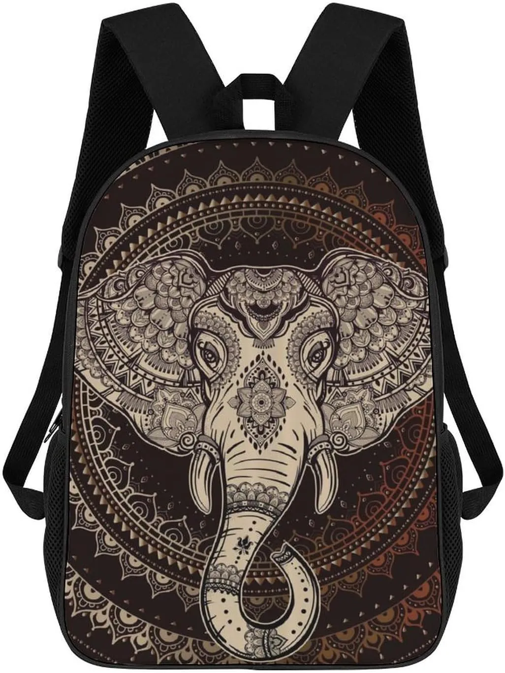 Oriental Elephant Mandala Circle 17 Inch Travel Backpack Casual Daypacks Computer Shoulder Bag for Work Shopping Unisex