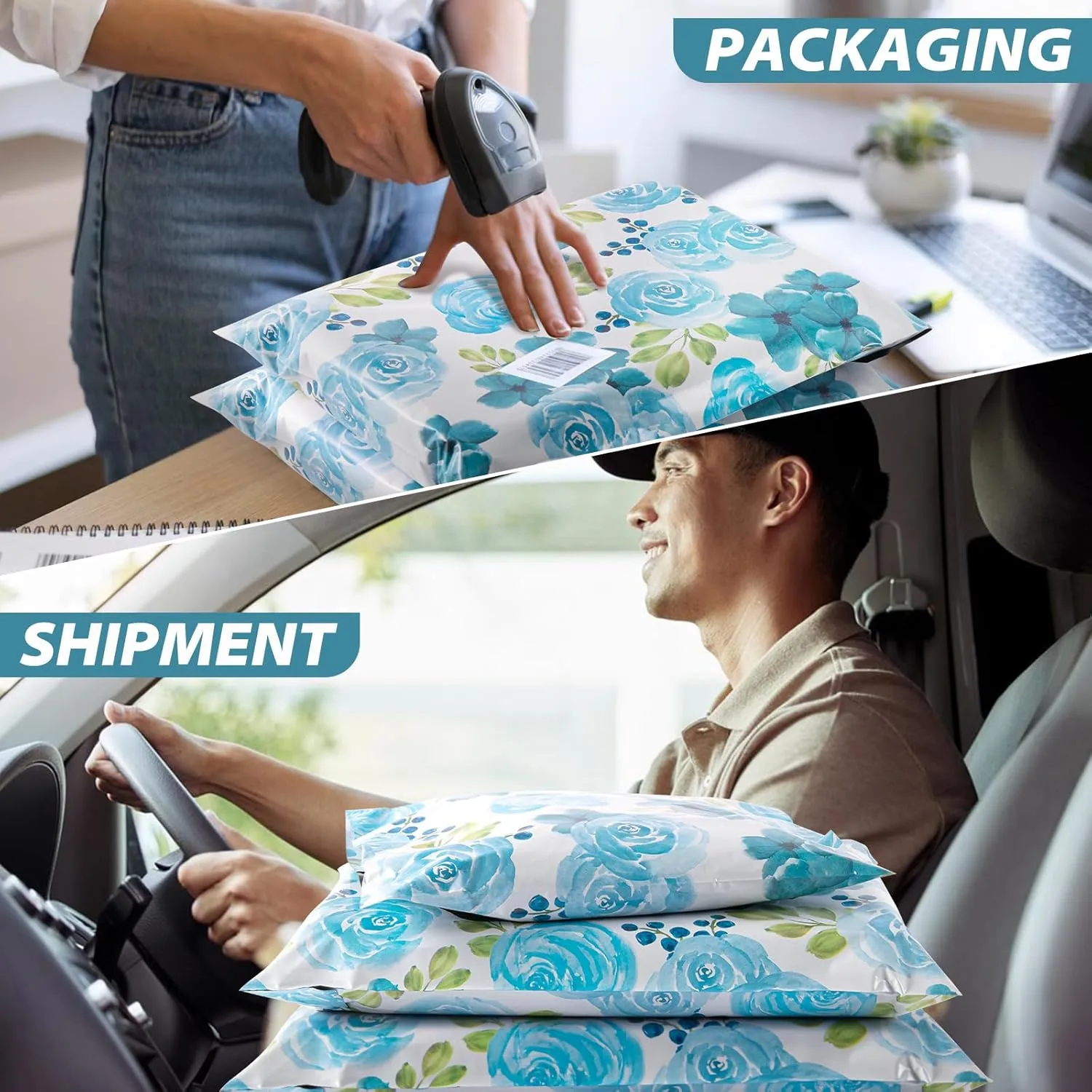 Oududianzi Poly Mailers 10x13, 100PCS Shipping Bags, Mailers Poly Bags, Shipping Envelopes, Mailing Bags, Polymailer Packaging Bags for Small Business - Blue Rose