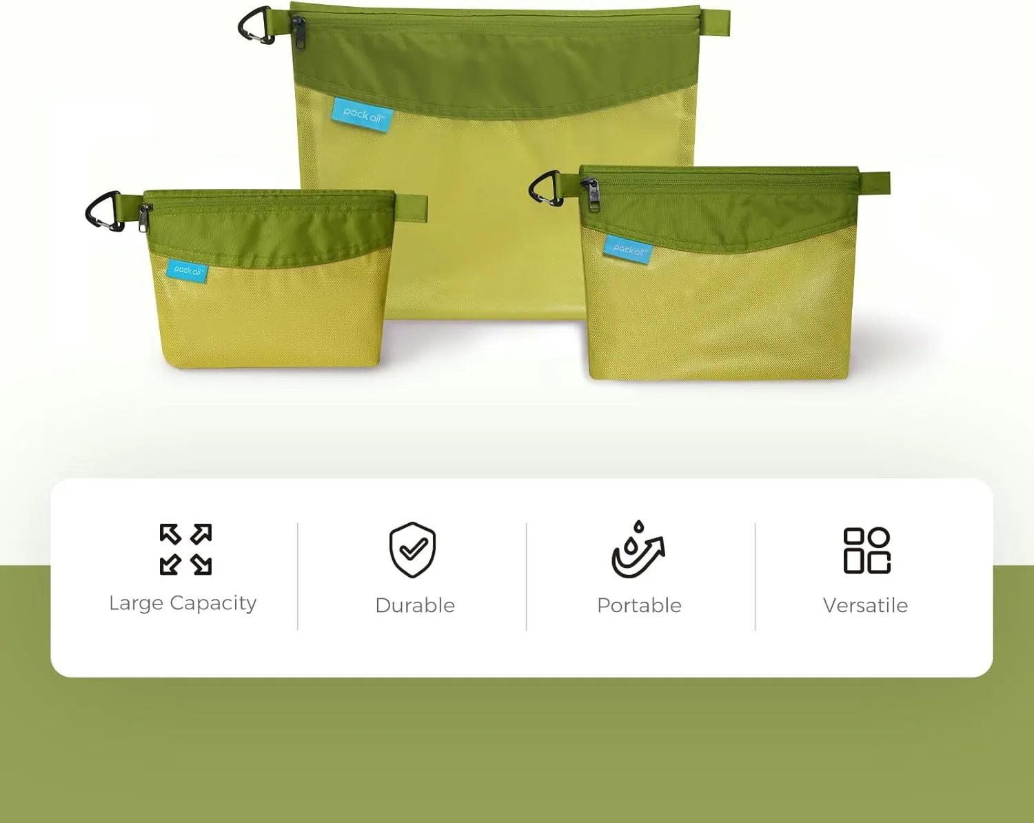 pack all 3 Pcs Water-resistant Material Zipper Pouch Set, Mesh Zipper Bags for Storage, Travel, Office (Green)