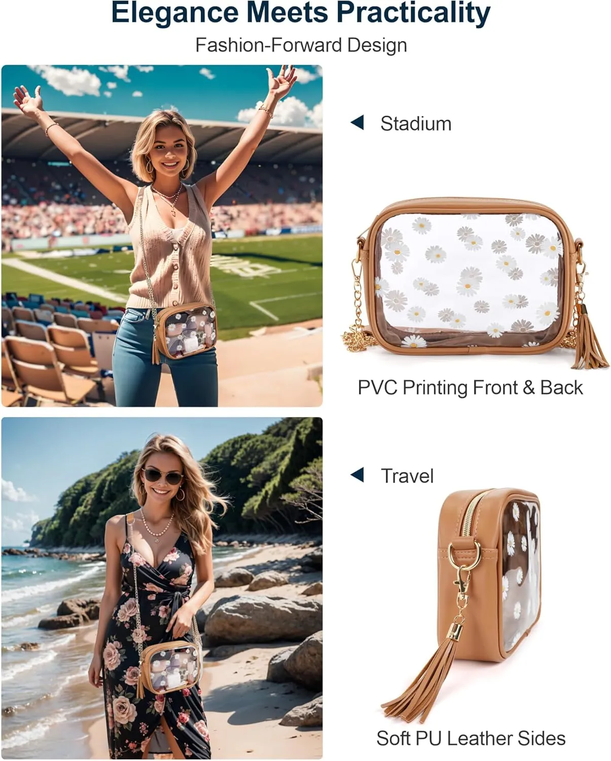 PACKISM Clear Bag for Stadium Events - Clear Purses for Women Stadium Crossbody Concert Bag for Game Day， Sports, Festival