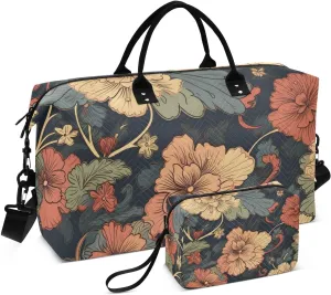 Pattern Flowers Duffel Bag Set with Toiletry Bag for Travel Gym Sport, Luggage Sleeve Weekender Bags Carry on Overnight Bag