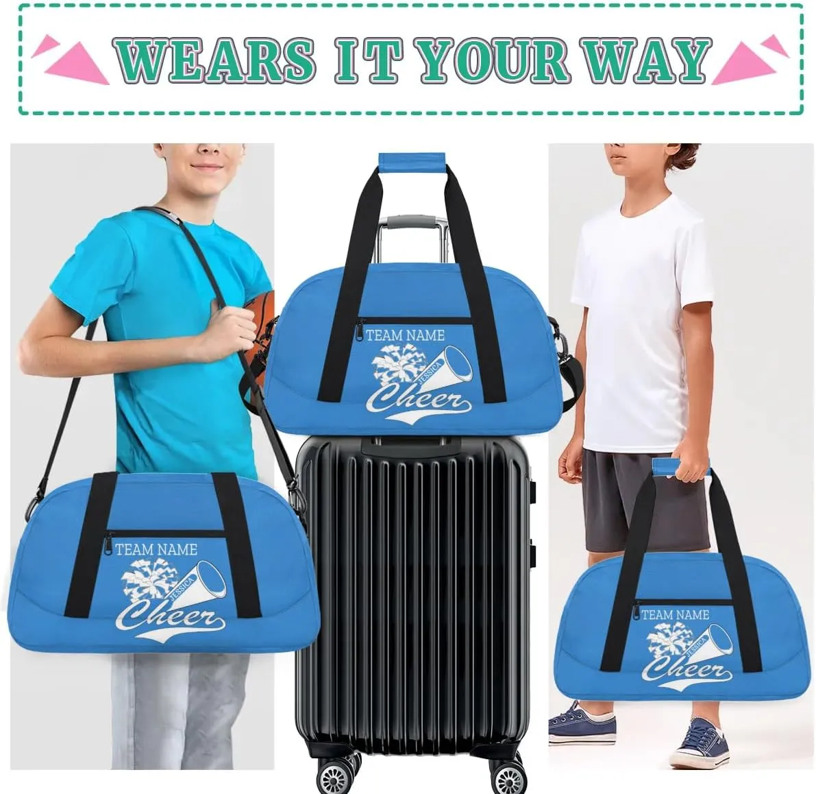 Personalised Name Cheer Cheerleader Bags, Custom Dancing Sports Duffle Bag Gym Cheerleading Bags Travel Duffel Perform Training Bag, Overnight Weekender Bags, Blue